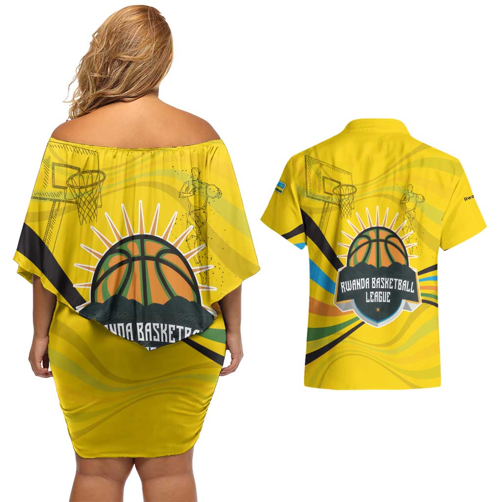 Rwanda Couples Matching Off Shoulder Short Dress and Hawaiian Shirt with Basketball League Court Hoop Yellow Wave Spirit