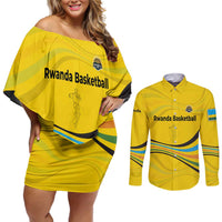 Rwanda Couples Matching Off Shoulder Short Dress and Long Sleeve Button Shirt with Basketball League Court Hoop Yellow Wave Spirit