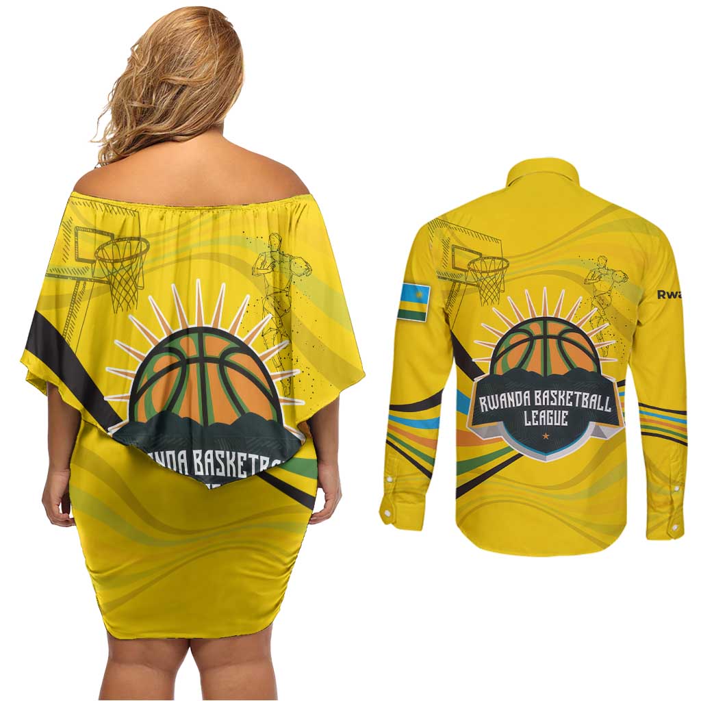 Rwanda Couples Matching Off Shoulder Short Dress and Long Sleeve Button Shirt with Basketball League Court Hoop Yellow Wave Spirit