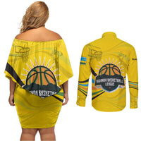 Rwanda Couples Matching Off Shoulder Short Dress and Long Sleeve Button Shirt with Basketball League Court Hoop Yellow Wave Spirit