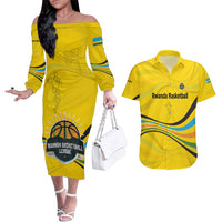 Rwanda Couples Matching Off The Shoulder Long Sleeve Dress and Hawaiian Shirt with Basketball League Court Hoop Yellow Wave Spirit