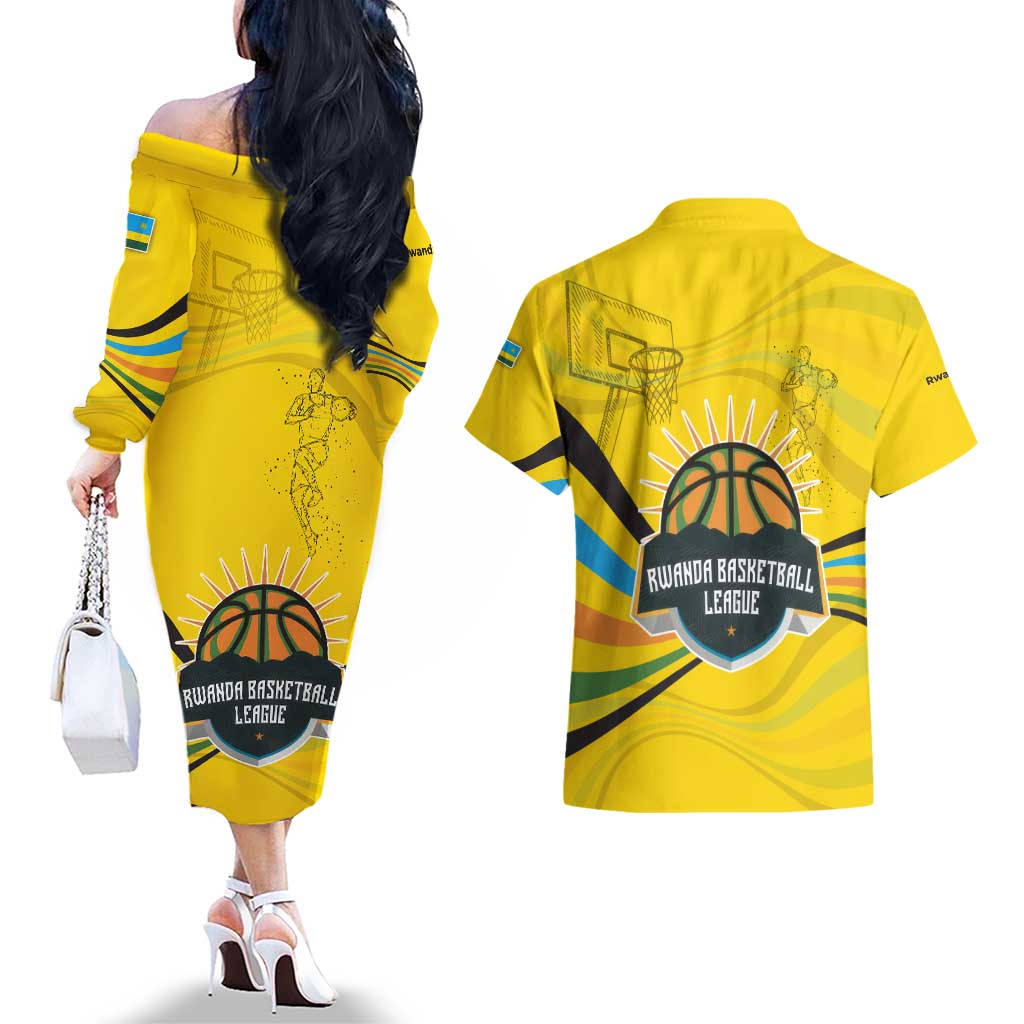 Rwanda Couples Matching Off The Shoulder Long Sleeve Dress and Hawaiian Shirt with Basketball League Court Hoop Yellow Wave Spirit