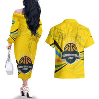 Rwanda Couples Matching Off The Shoulder Long Sleeve Dress and Hawaiian Shirt with Basketball League Court Hoop Yellow Wave Spirit