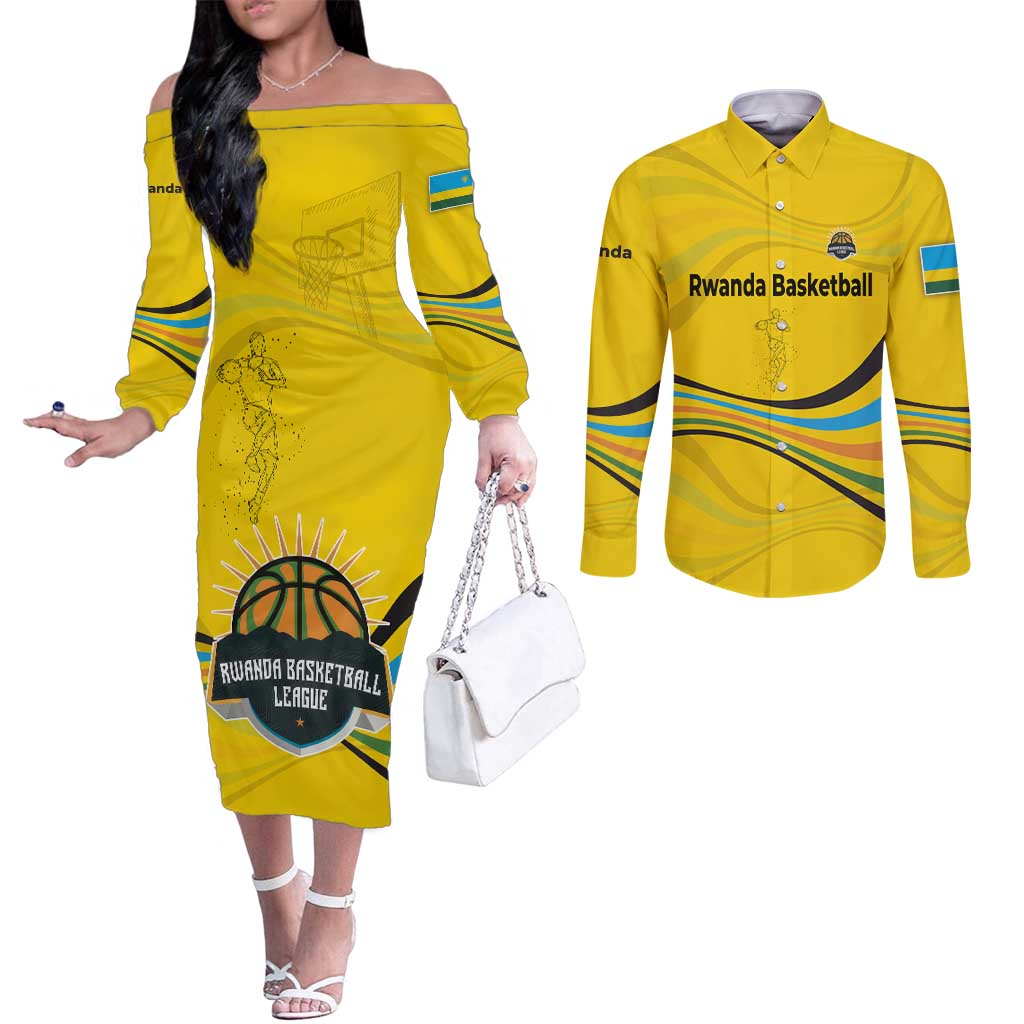 Rwanda Couples Matching Off The Shoulder Long Sleeve Dress and Long Sleeve Button Shirt with Basketball League Court Hoop Yellow Wave Spirit