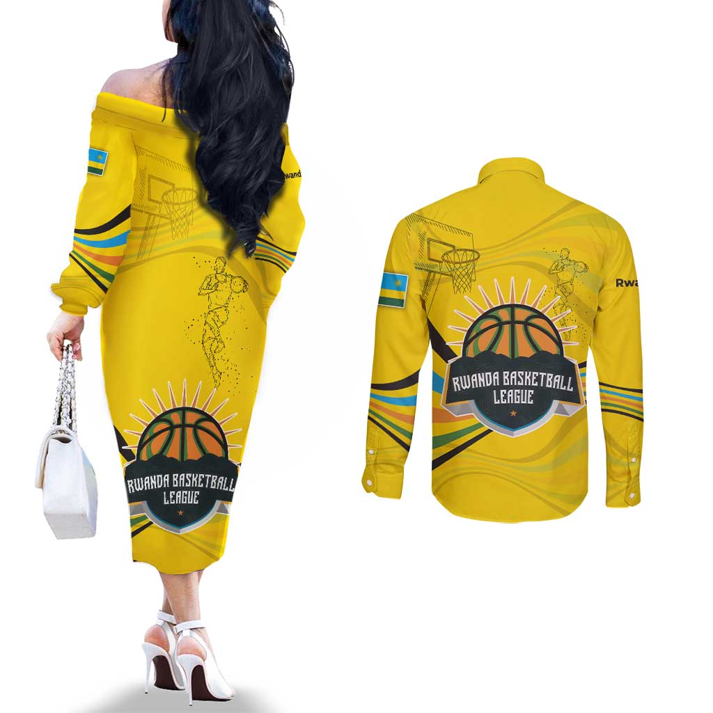 Rwanda Couples Matching Off The Shoulder Long Sleeve Dress and Long Sleeve Button Shirt with Basketball League Court Hoop Yellow Wave Spirit