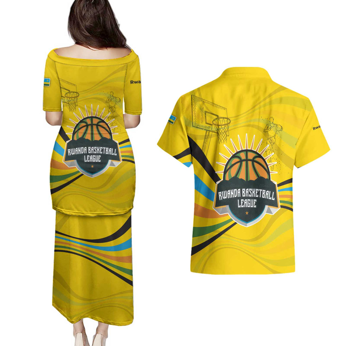 Rwanda Couples Matching Puletasi and Hawaiian Shirt with Basketball League Court Hoop Yellow Wave Spirit