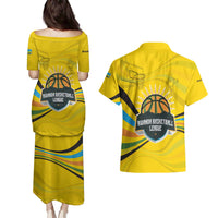 Rwanda Couples Matching Puletasi and Hawaiian Shirt with Basketball League Court Hoop Yellow Wave Spirit