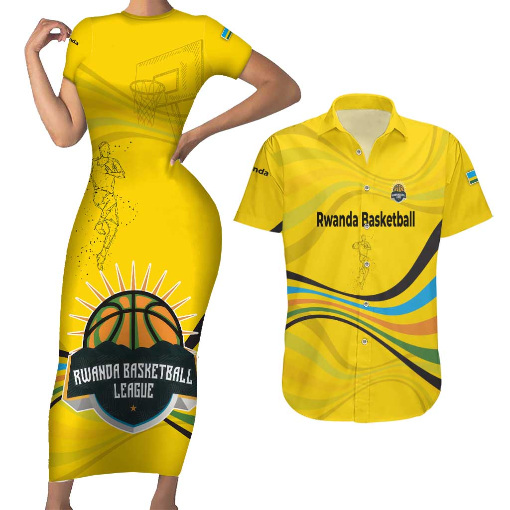 Rwanda Couples Matching Short Sleeve Bodycon Dress and Hawaiian Shirt with Basketball League Court Hoop Yellow Wave Spirit