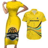 Rwanda Couples Matching Short Sleeve Bodycon Dress and Hawaiian Shirt with Basketball League Court Hoop Yellow Wave Spirit