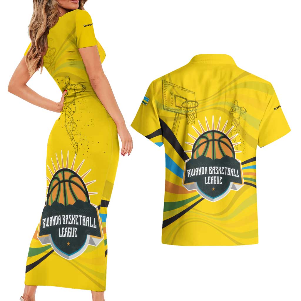 Rwanda Couples Matching Short Sleeve Bodycon Dress and Hawaiian Shirt with Basketball League Court Hoop Yellow Wave Spirit