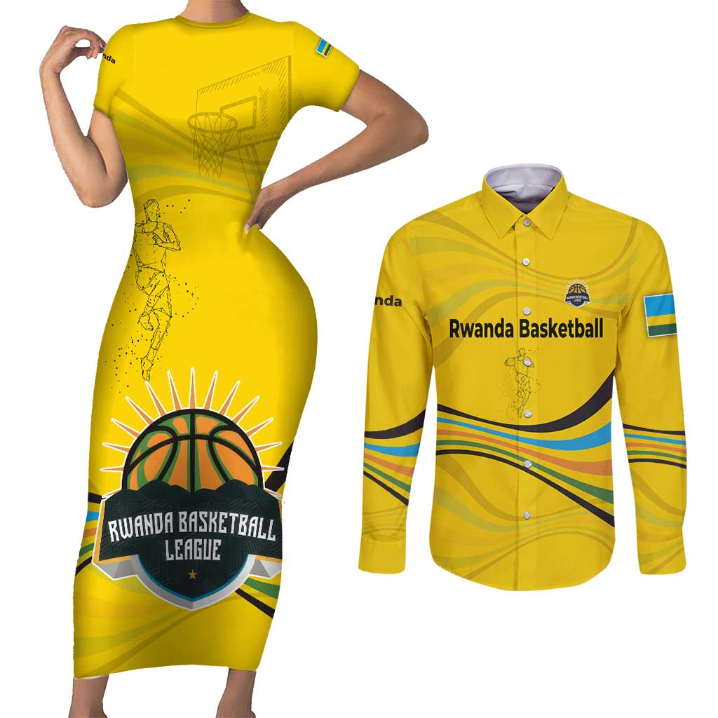 Rwanda Couples Matching Short Sleeve Bodycon Dress and Long Sleeve Button Shirt with Basketball League Court Hoop Yellow Wave Spirit