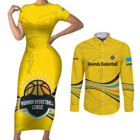 Rwanda Couples Matching Short Sleeve Bodycon Dress and Long Sleeve Button Shirt with Basketball League Court Hoop Yellow Wave Spirit