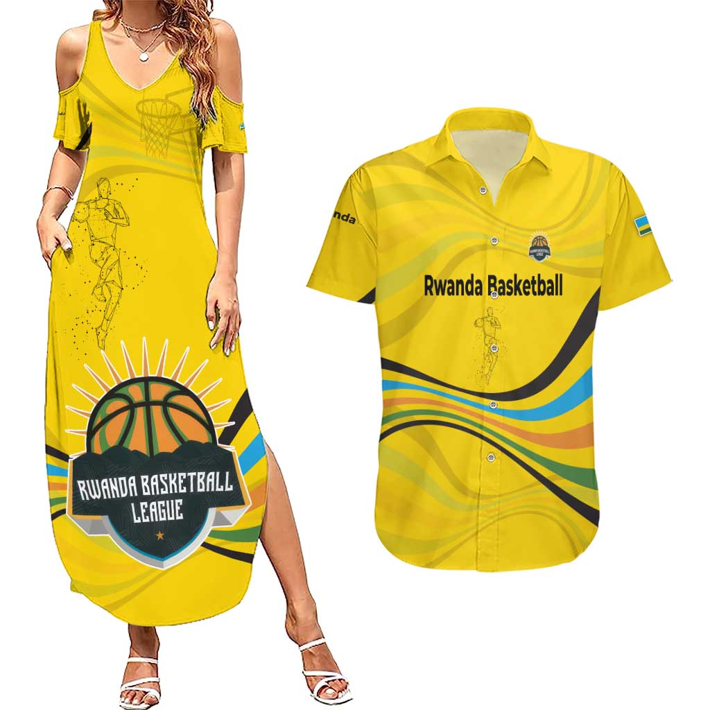 Rwanda Couples Matching Summer Maxi Dress and Hawaiian Shirt with Basketball League Court Hoop Yellow Wave Spirit