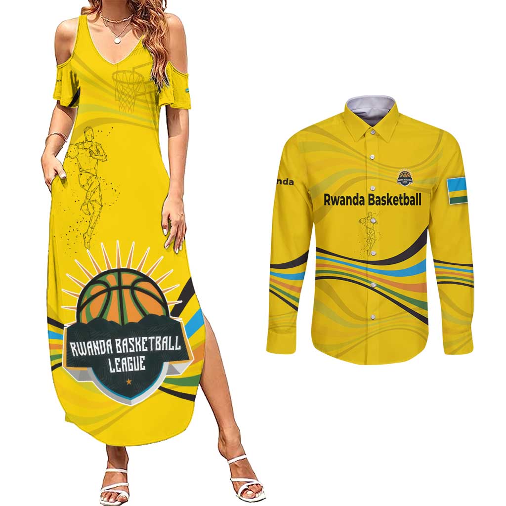 Rwanda Couples Matching Summer Maxi Dress and Long Sleeve Button Shirt with Basketball League Court Hoop Yellow Wave Spirit