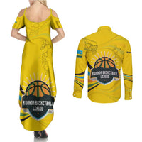 Rwanda Couples Matching Summer Maxi Dress and Long Sleeve Button Shirt with Basketball League Court Hoop Yellow Wave Spirit