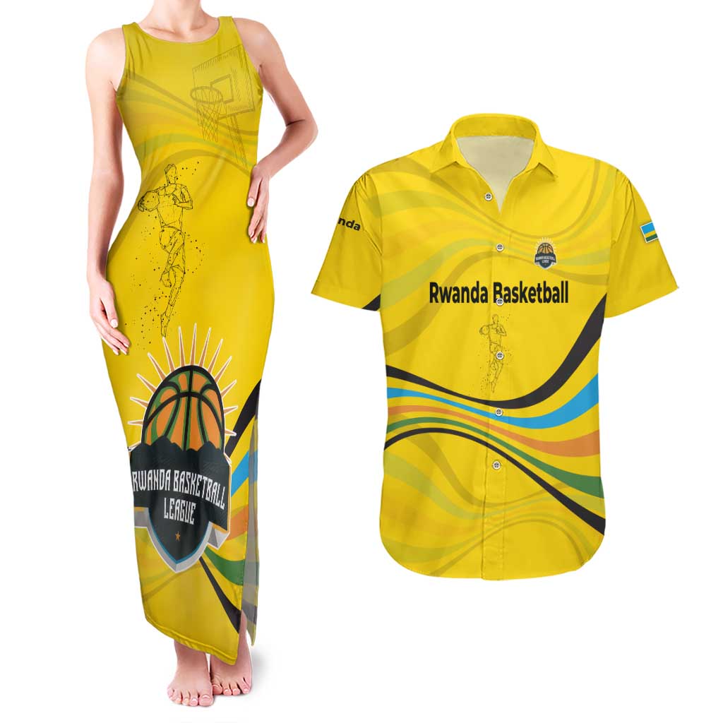 Rwanda Couples Matching Tank Maxi Dress and Hawaiian Shirt with Basketball League Court Hoop Yellow Wave Spirit