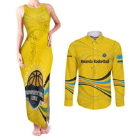 Rwanda Couples Matching Tank Maxi Dress and Long Sleeve Button Shirt with Basketball League Court Hoop Yellow Wave Spirit