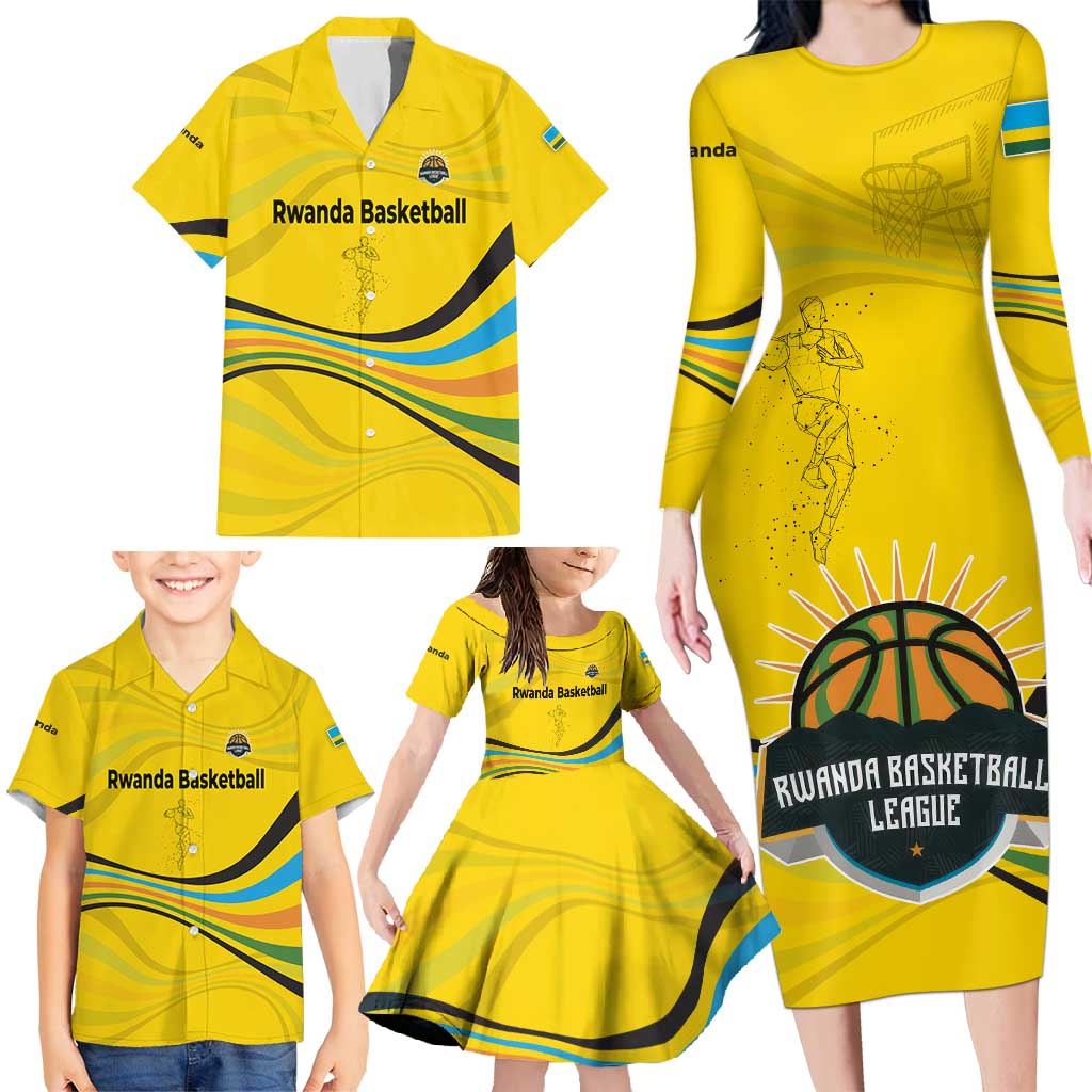 Rwanda Family Matching Long Sleeve Bodycon Dress and Hawaiian Shirt with Basketball League Court Hoop Yellow Wave Spirit