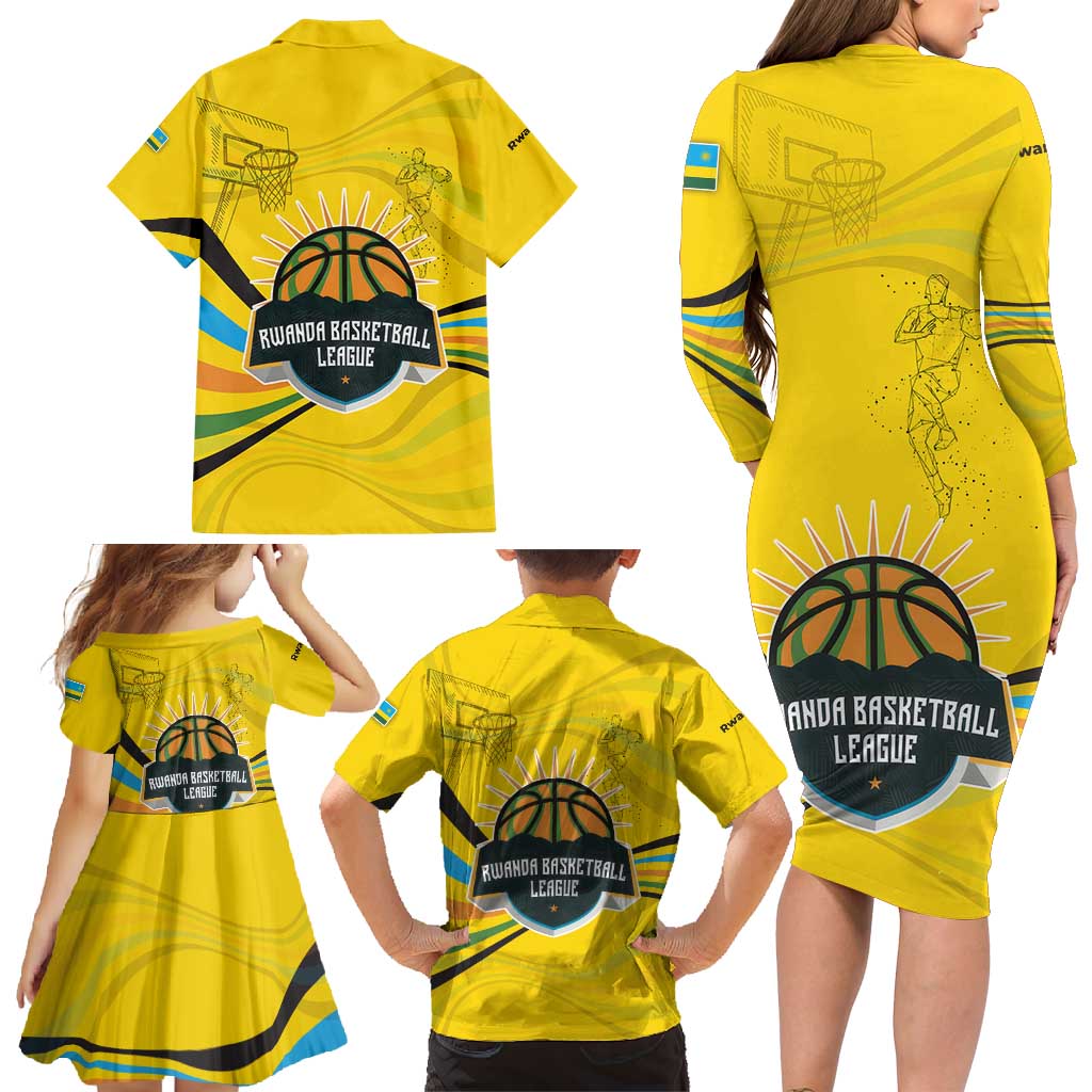 Rwanda Family Matching Long Sleeve Bodycon Dress and Hawaiian Shirt with Basketball League Court Hoop Yellow Wave Spirit