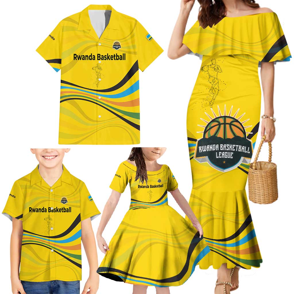 Rwanda Family Matching Mermaid Dress and Hawaiian Shirt with Basketball League Court Hoop Yellow Wave Spirit