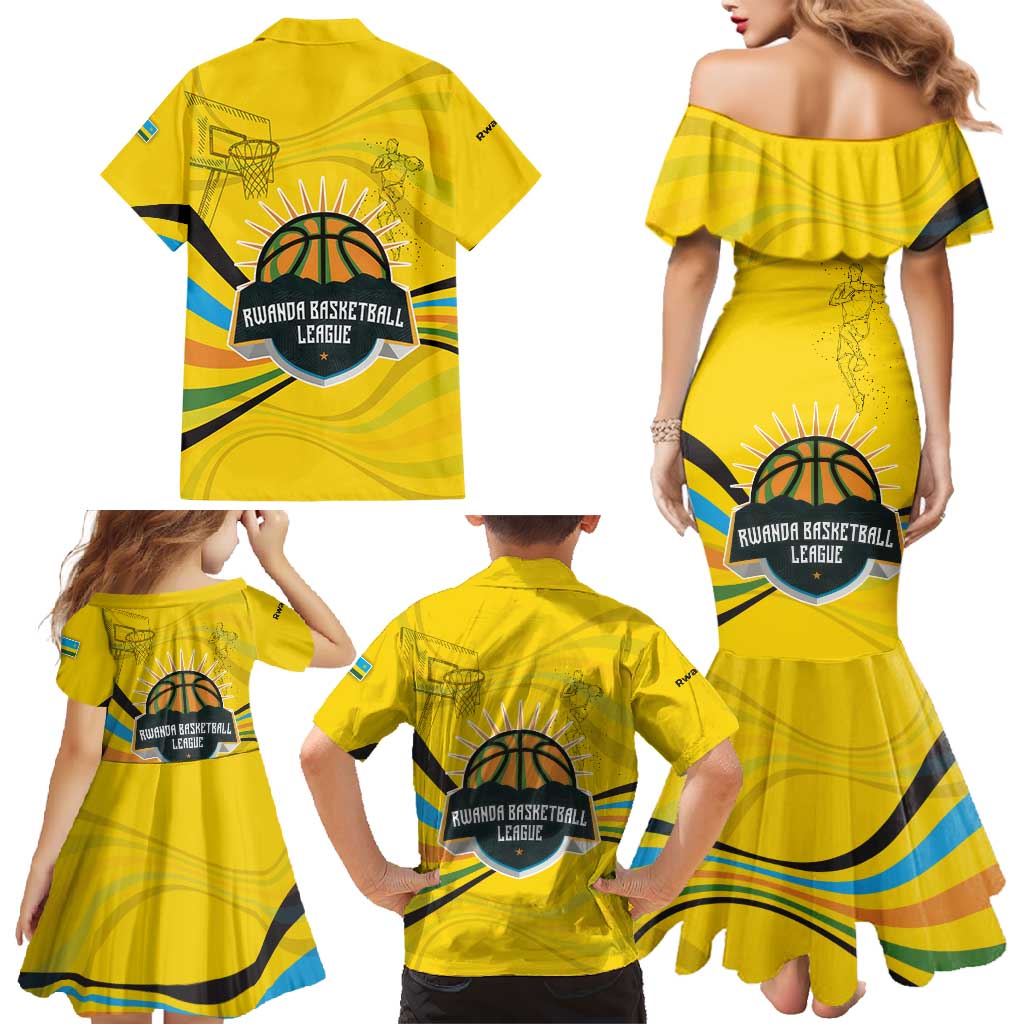 Rwanda Family Matching Mermaid Dress and Hawaiian Shirt with Basketball League Court Hoop Yellow Wave Spirit