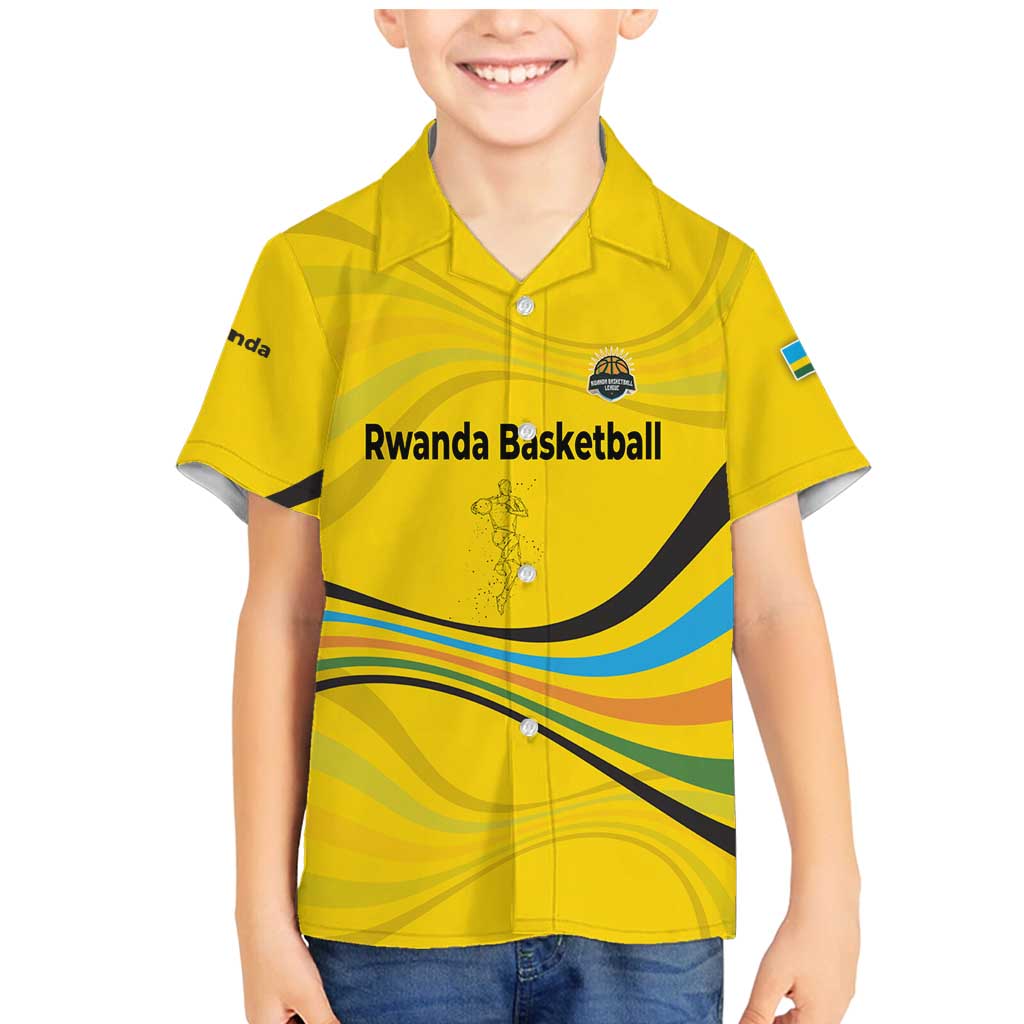 Rwanda Family Matching Mermaid Dress and Hawaiian Shirt with Basketball League Court Hoop Yellow Wave Spirit