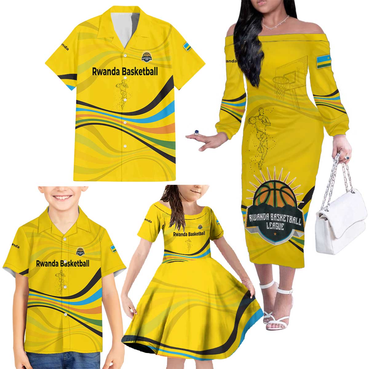 Rwanda Family Matching Off The Shoulder Long Sleeve Dress and Hawaiian Shirt with Basketball League Court Hoop Yellow Wave Spirit