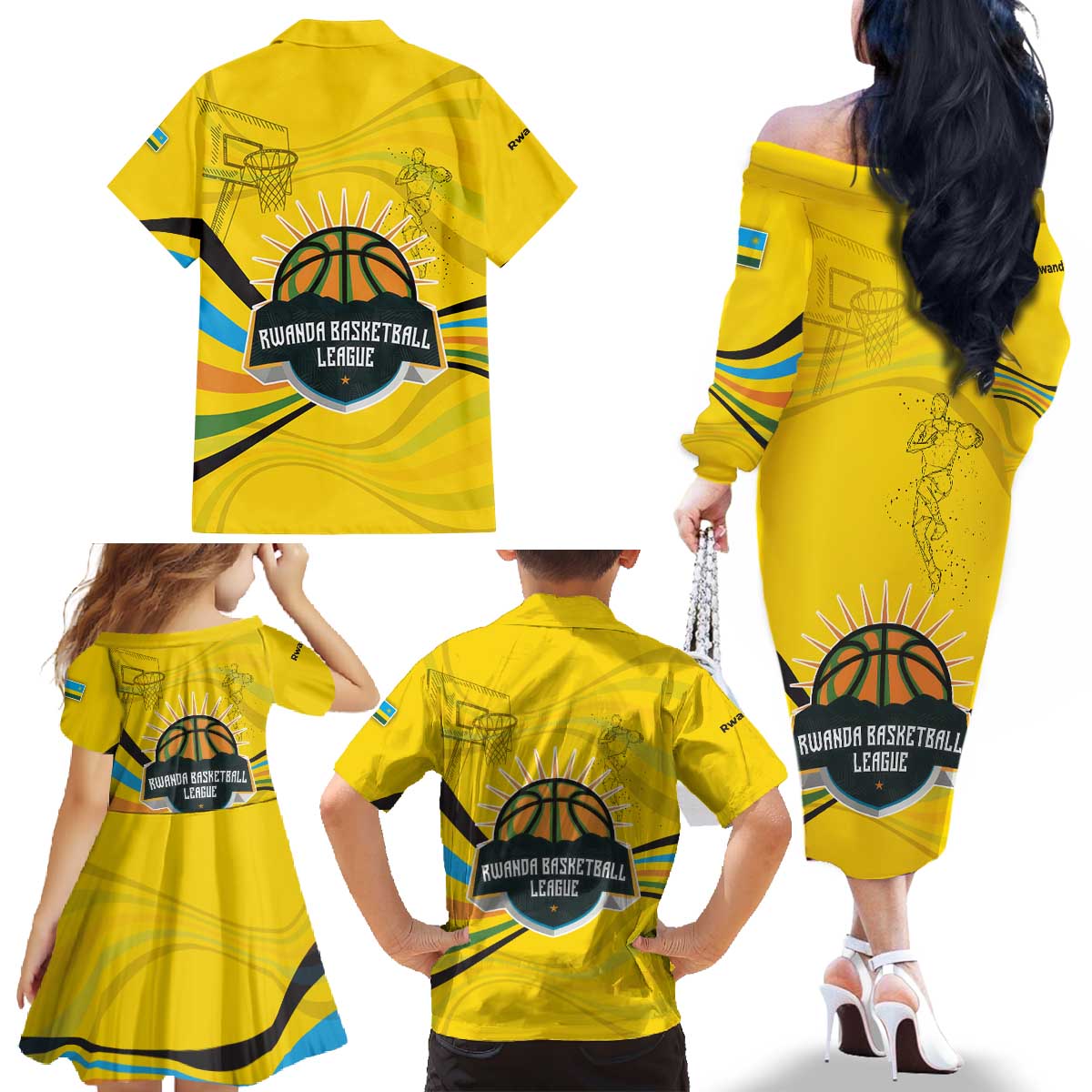 Rwanda Family Matching Off The Shoulder Long Sleeve Dress and Hawaiian Shirt with Basketball League Court Hoop Yellow Wave Spirit
