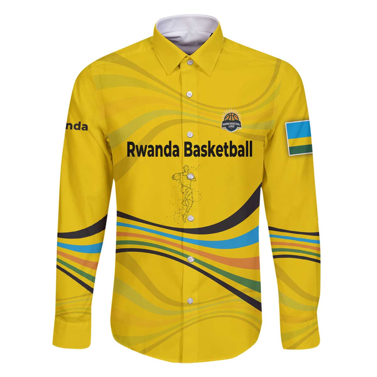Rwanda Family Matching Off The Shoulder Long Sleeve Dress and Hawaiian Shirt with Basketball League Court Hoop Yellow Wave Spirit