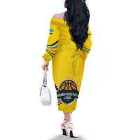 Rwanda Family Matching Off The Shoulder Long Sleeve Dress and Hawaiian Shirt with Basketball League Court Hoop Yellow Wave Spirit