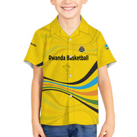 Rwanda Family Matching Off The Shoulder Long Sleeve Dress and Hawaiian Shirt with Basketball League Court Hoop Yellow Wave Spirit