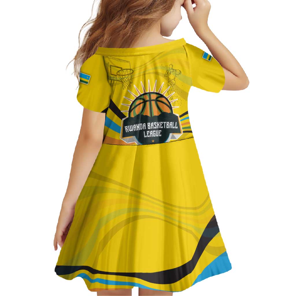 Rwanda Family Matching Off Shoulder Maxi Dress and Hawaiian Shirt with Basketball League Court Hoop Yellow Wave Spirit