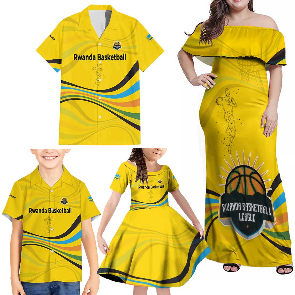 Rwanda Family Matching Off Shoulder Maxi Dress and Hawaiian Shirt with Basketball League Court Hoop Yellow Wave Spirit