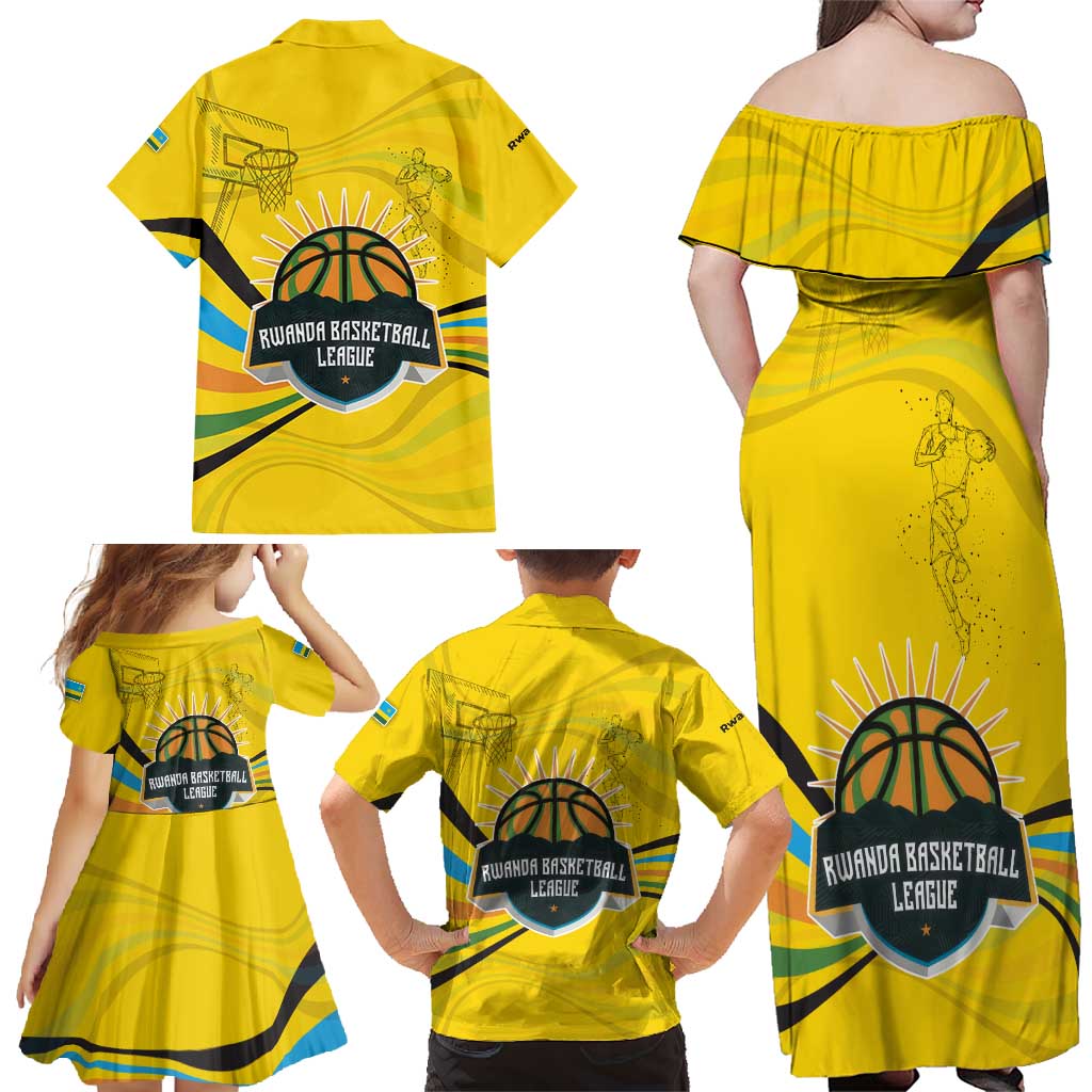 Rwanda Family Matching Off Shoulder Maxi Dress and Hawaiian Shirt with Basketball League Court Hoop Yellow Wave Spirit