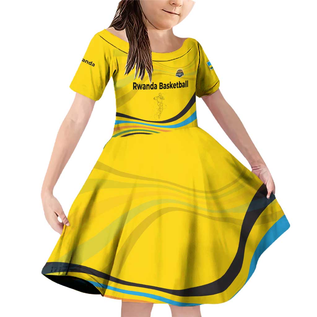 Rwanda Family Matching Off Shoulder Short Dress and Hawaiian Shirt with Basketball League Court Hoop Yellow Wave Spirit