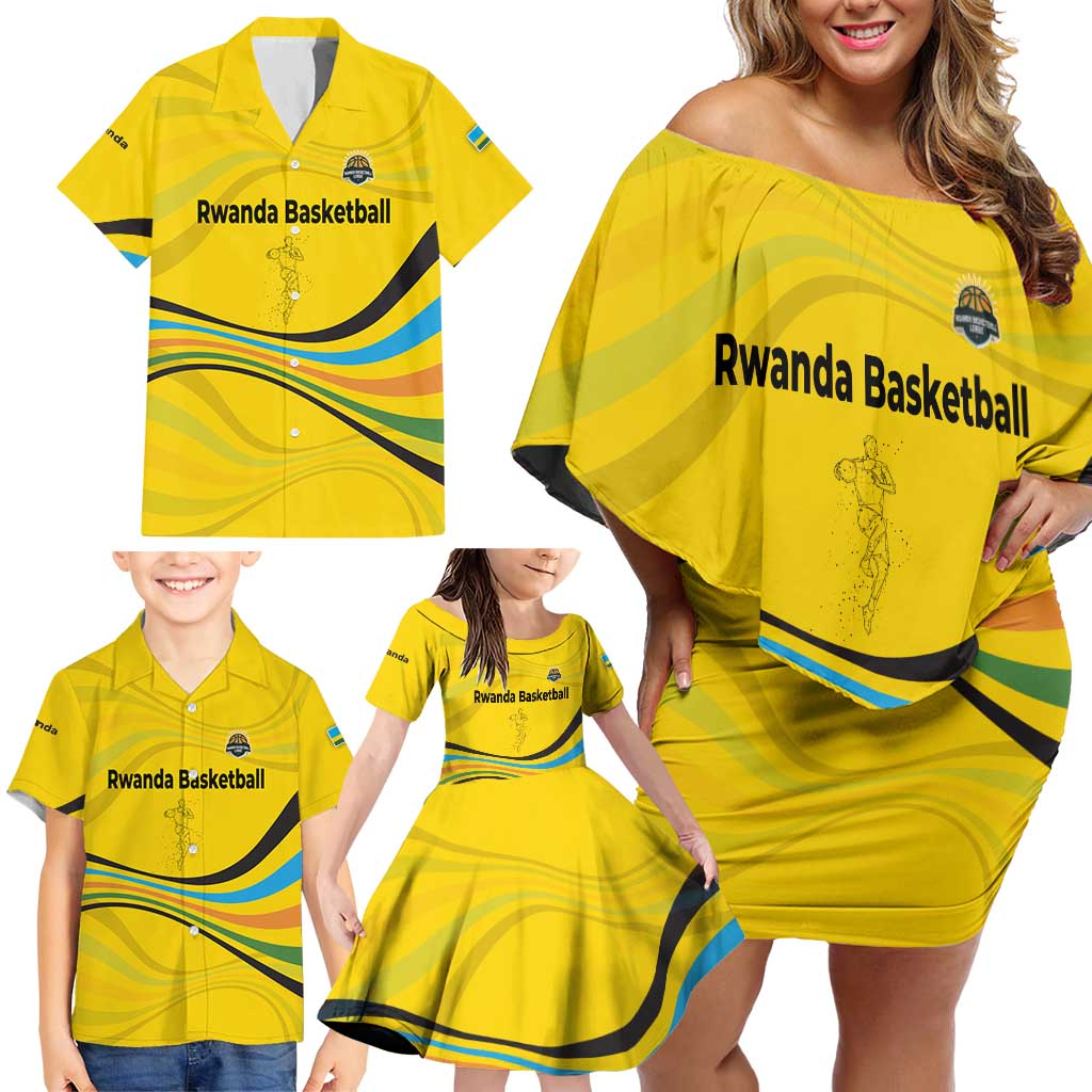 Rwanda Family Matching Off Shoulder Short Dress and Hawaiian Shirt with Basketball League Court Hoop Yellow Wave Spirit
