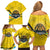 Rwanda Family Matching Off Shoulder Short Dress and Hawaiian Shirt with Basketball League Court Hoop Yellow Wave Spirit