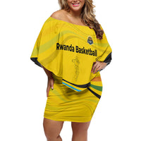 Rwanda Family Matching Off Shoulder Short Dress and Hawaiian Shirt with Basketball League Court Hoop Yellow Wave Spirit