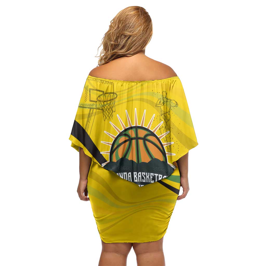 Rwanda Family Matching Off Shoulder Short Dress and Hawaiian Shirt with Basketball League Court Hoop Yellow Wave Spirit