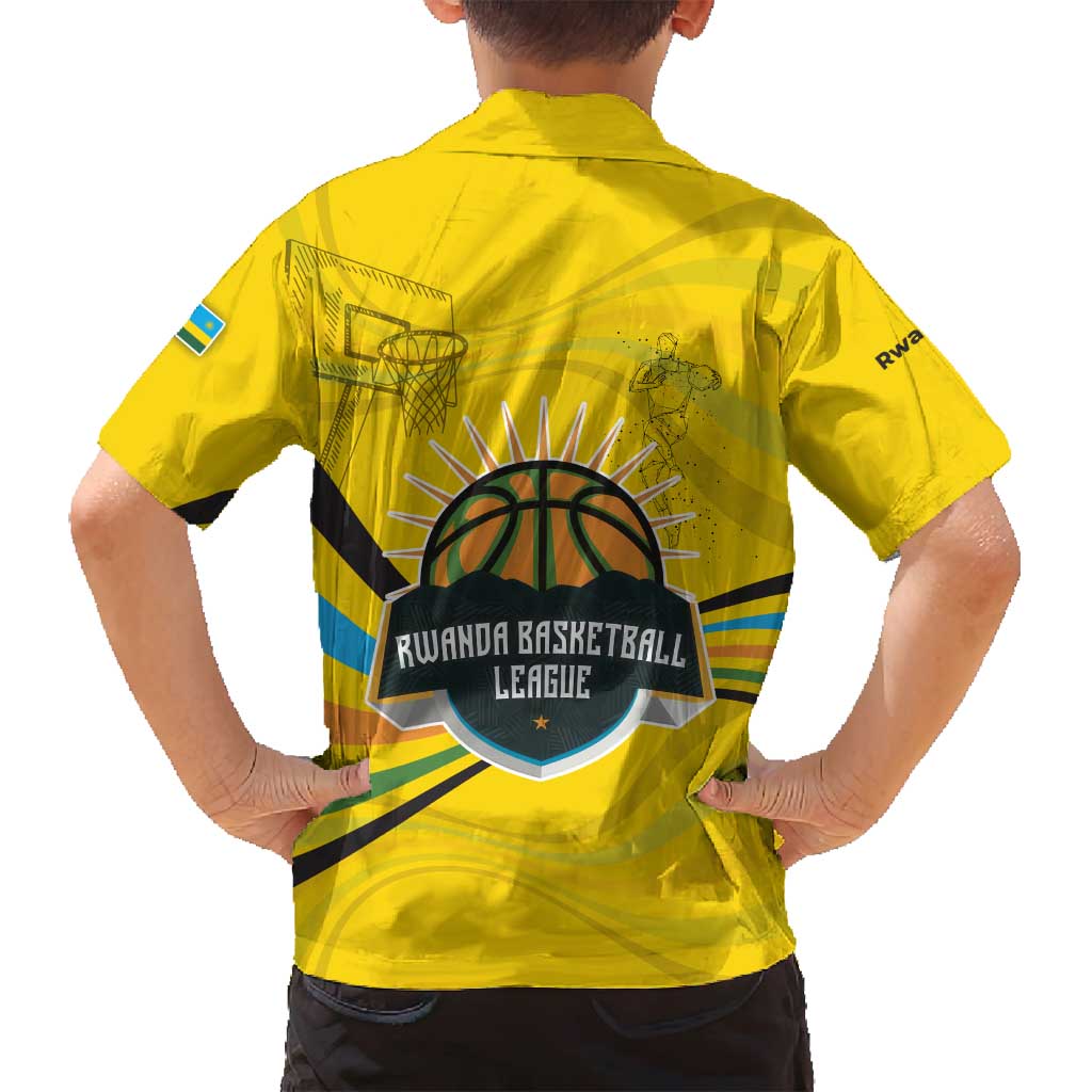 Rwanda Family Matching Puletasi and Hawaiian Shirt with Basketball League Court Hoop Yellow Wave Spirit
