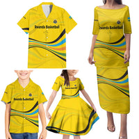 Rwanda Family Matching Puletasi and Hawaiian Shirt with Basketball League Court Hoop Yellow Wave Spirit