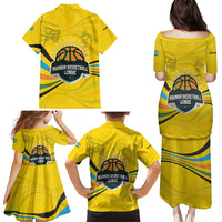 Rwanda Family Matching Puletasi and Hawaiian Shirt with Basketball League Court Hoop Yellow Wave Spirit
