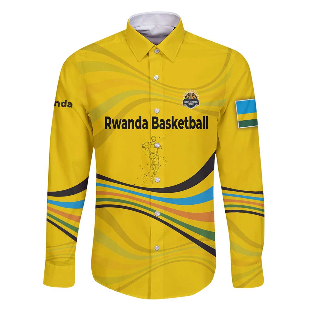 Rwanda Family Matching Puletasi and Hawaiian Shirt with Basketball League Court Hoop Yellow Wave Spirit