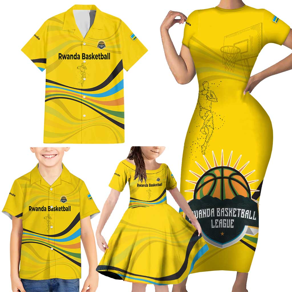 Rwanda Family Matching Short Sleeve Bodycon Dress and Hawaiian Shirt with Basketball League Court Hoop Yellow Wave Spirit