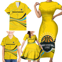 Rwanda Family Matching Short Sleeve Bodycon Dress and Hawaiian Shirt with Basketball League Court Hoop Yellow Wave Spirit