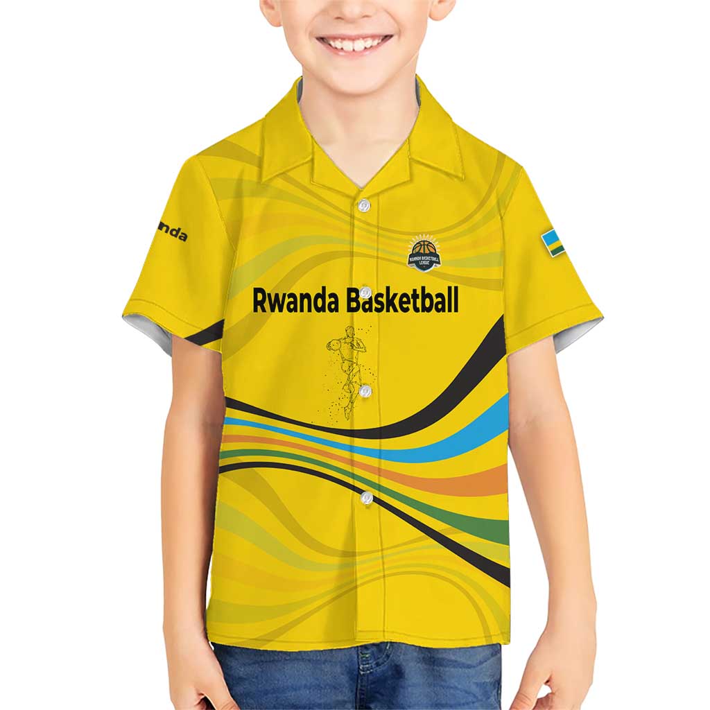 Rwanda Family Matching Short Sleeve Bodycon Dress and Hawaiian Shirt with Basketball League Court Hoop Yellow Wave Spirit