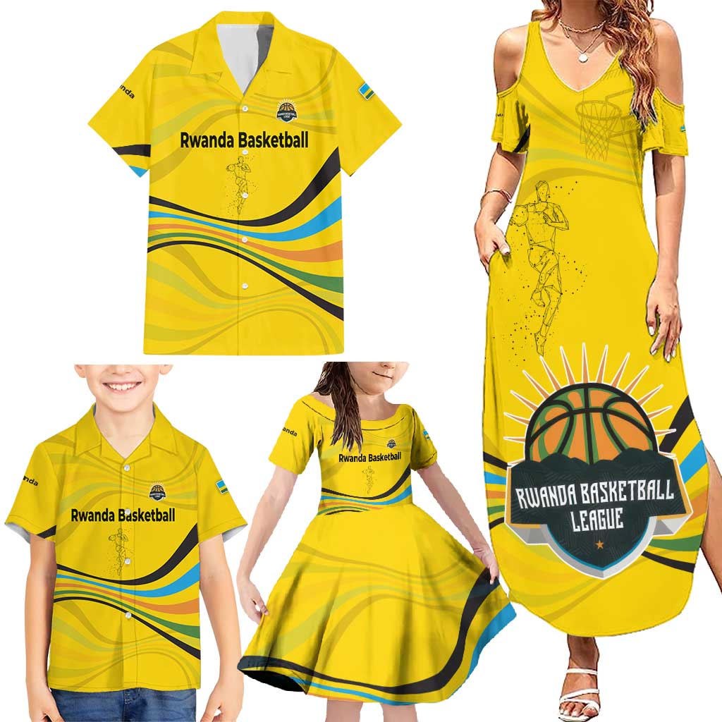 Rwanda Family Matching Summer Maxi Dress and Hawaiian Shirt with Basketball League Court Hoop Yellow Wave Spirit