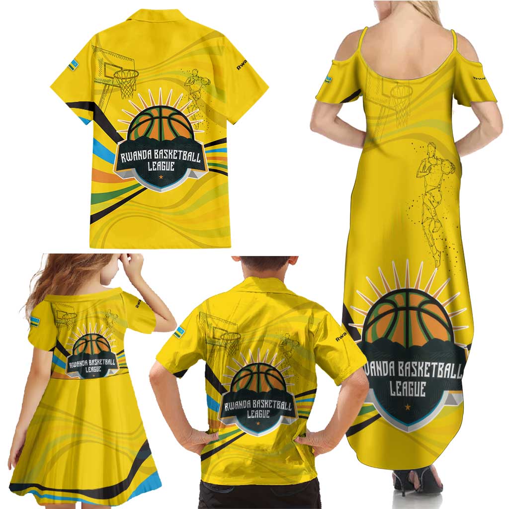 Rwanda Family Matching Summer Maxi Dress and Hawaiian Shirt with Basketball League Court Hoop Yellow Wave Spirit