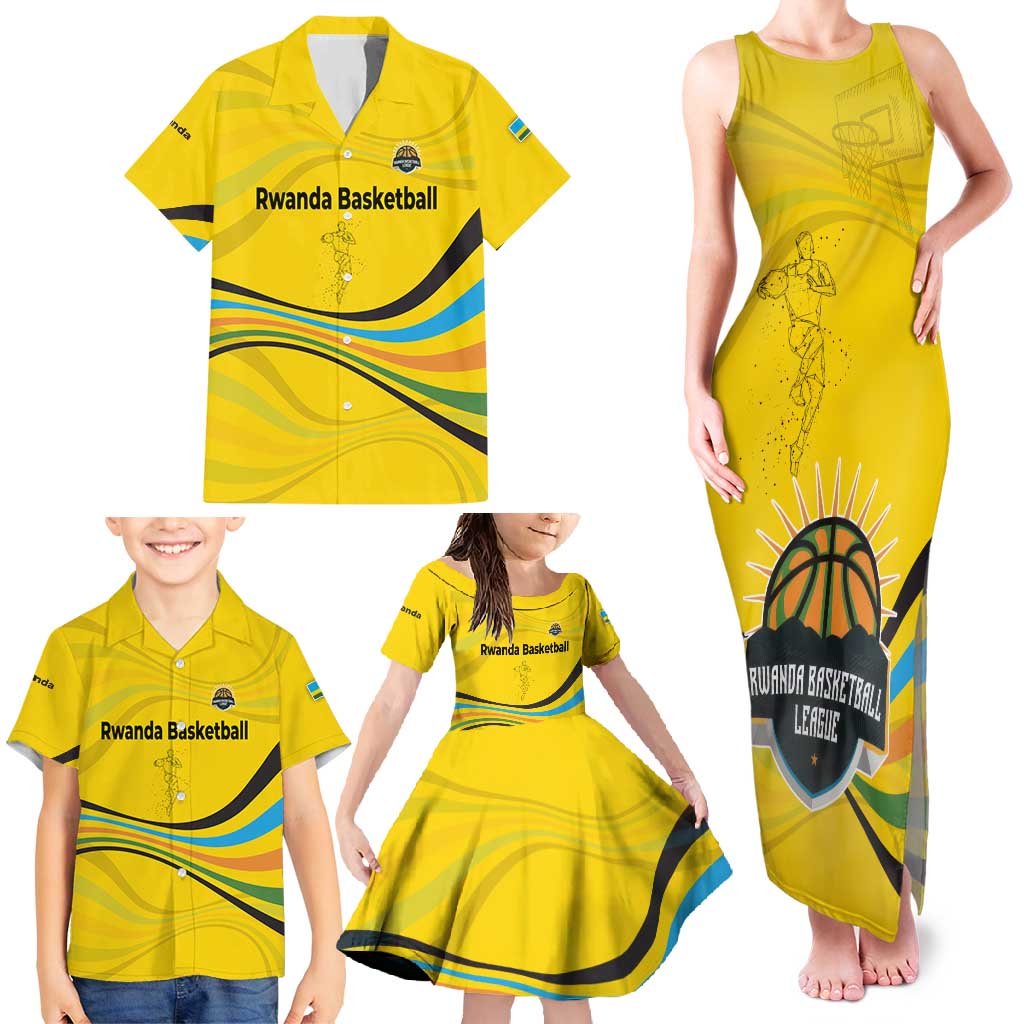 Rwanda Family Matching Tank Maxi Dress and Hawaiian Shirt with Basketball League Court Hoop Yellow Wave Spirit