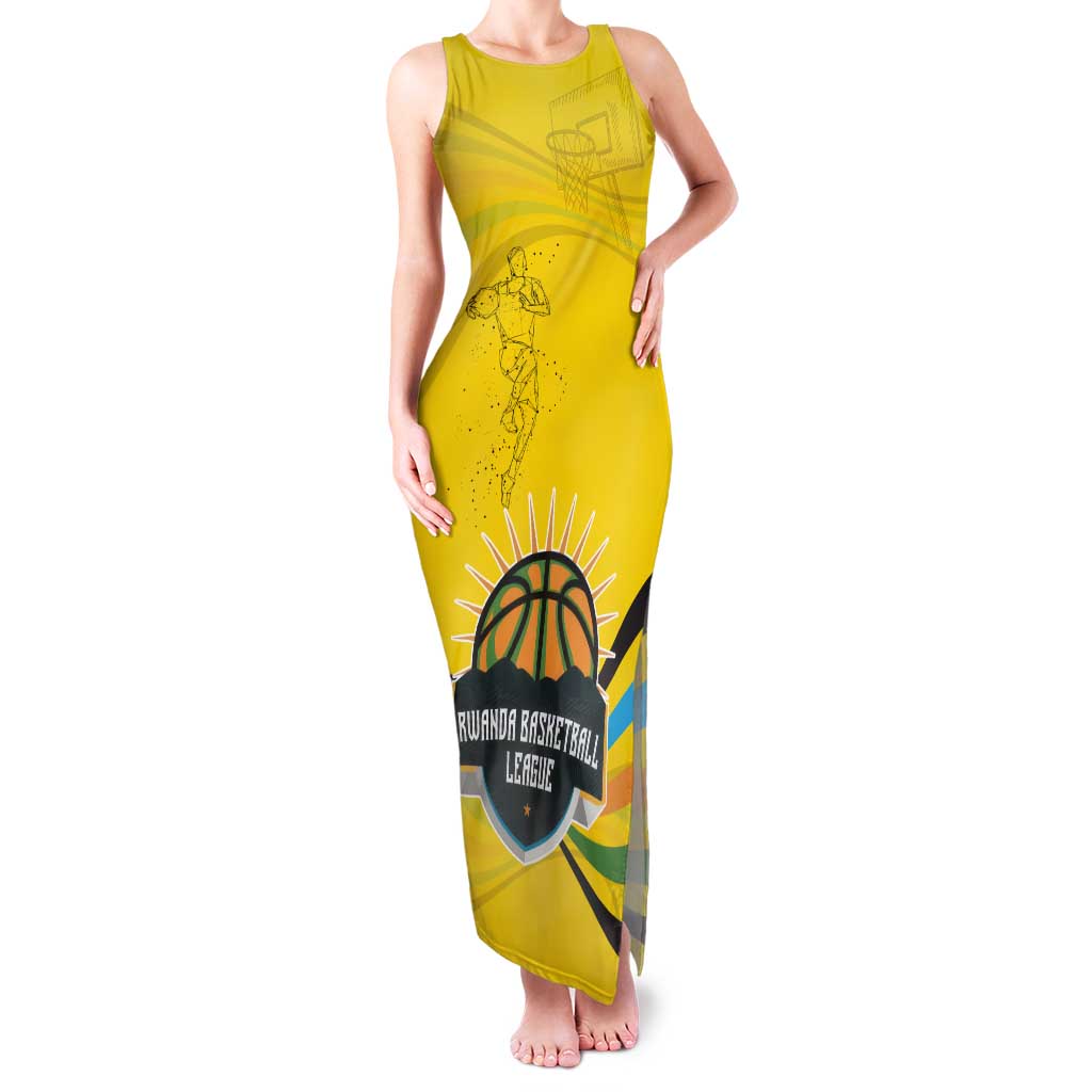 Rwanda Family Matching Tank Maxi Dress and Hawaiian Shirt with Basketball League Court Hoop Yellow Wave Spirit